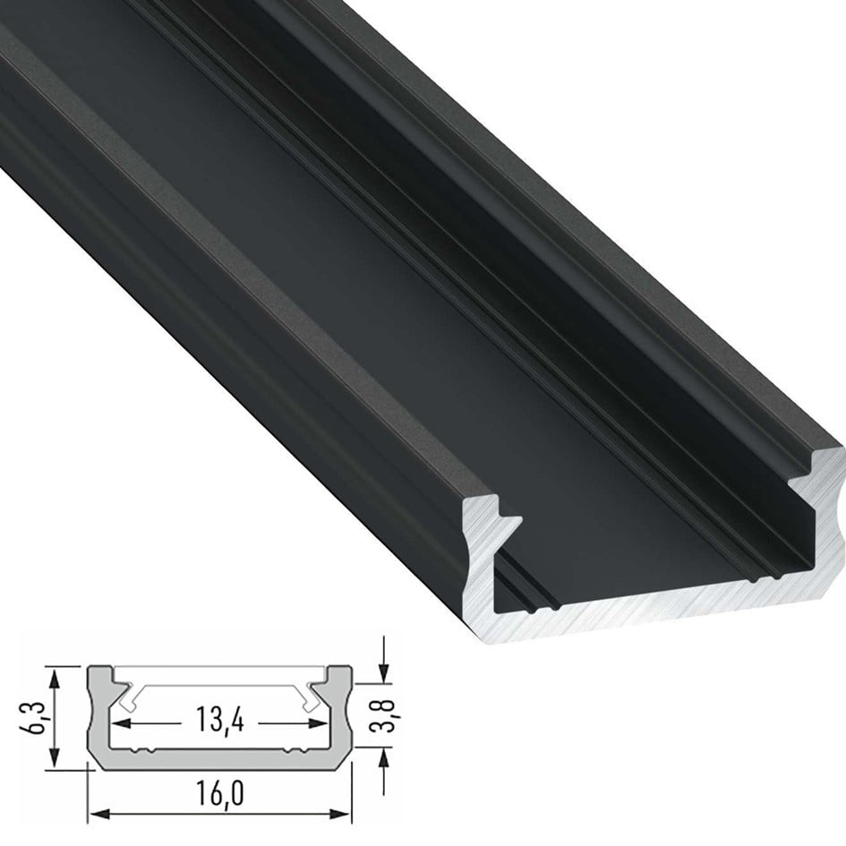Aluminium Led Strip Profiel SLIM-Norman | Zwart | 16x6,3mm | Tot 2 Meter leverbaar