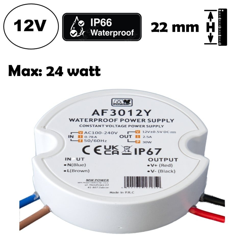 Wandcontactdoos - Mini Led Strip voeding 12V/30W/2,5A, Max: 24W, Afm:50x22 mm, IP67, 2 Jaar Garantie