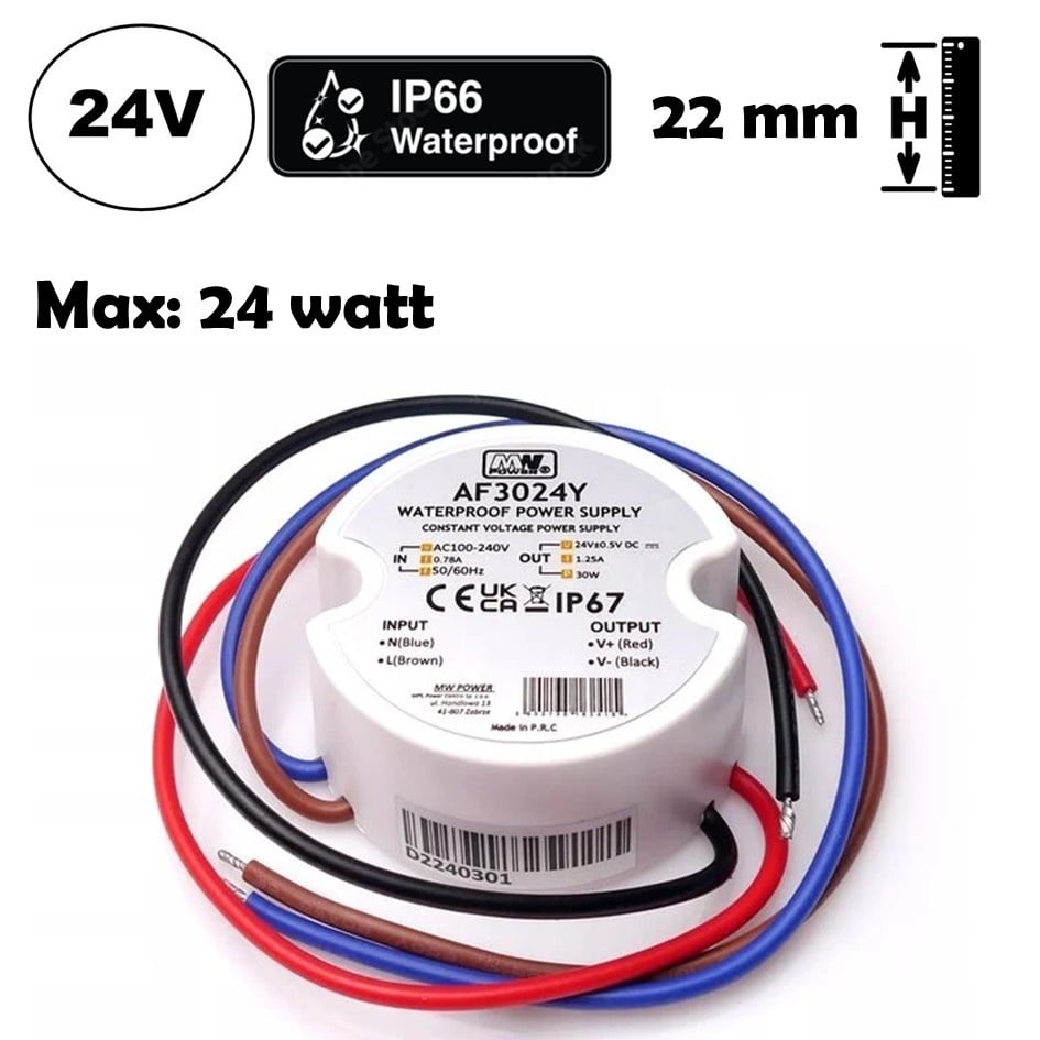 Wandcontactdoos - Mini Led Strip voeding 24V/30W/1,25A, Max: 24W, Afm:50x22 mm, IP67, 2 Jaar Garantie
