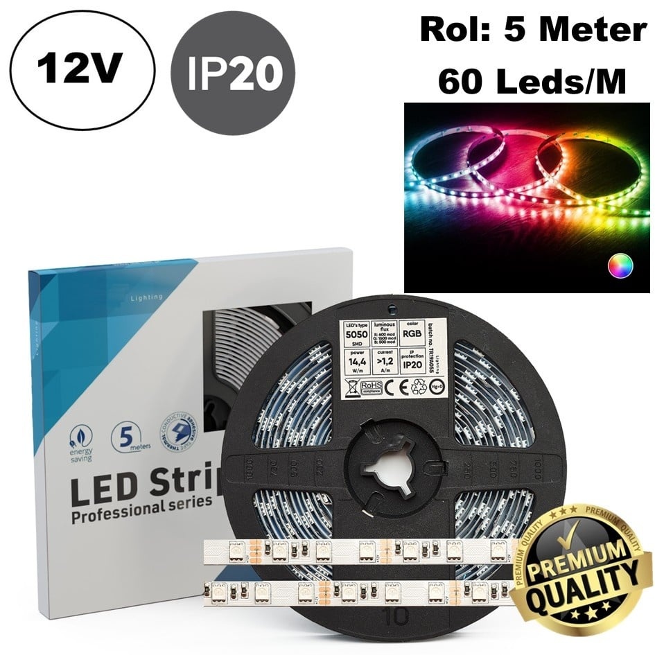 Led Strip ROL 5 Meter 5050SMD, 14.4w/m, 60 led/m, RGB, 12v, IP20, 10mm, 2 Jaar garantie