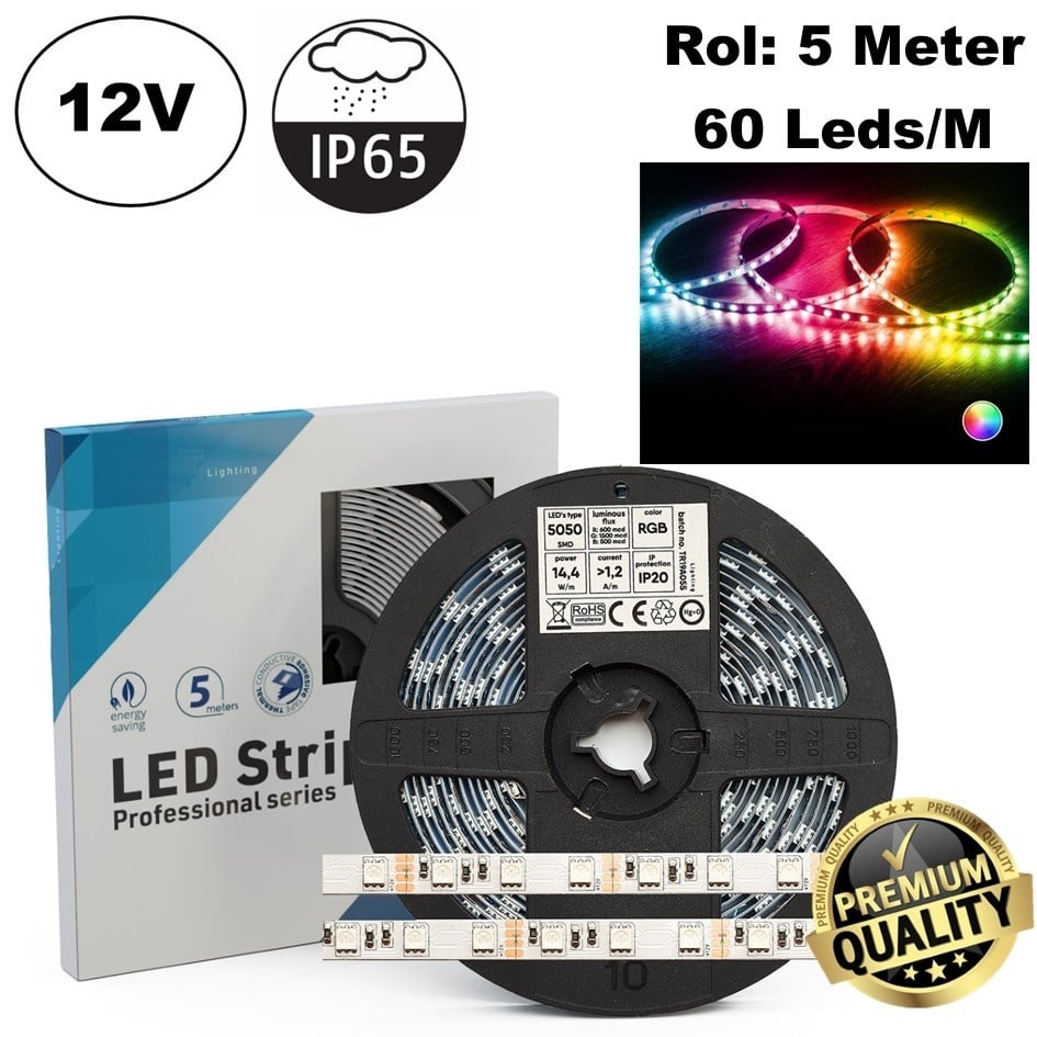 Led Strip ROL 5 Meter 5050SMD, 14.4w/m, 60 led/m, RGB, 12v, IP65, 10mm, 2 Jaar garantie