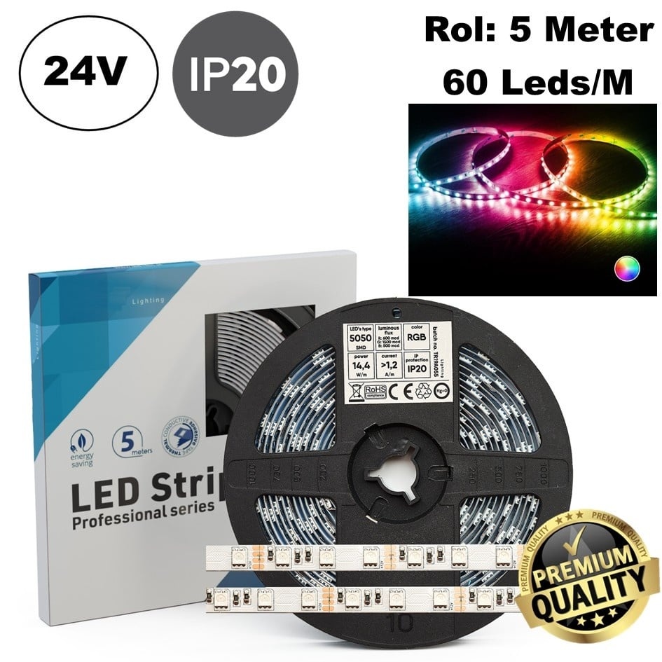 Led Strip ROL 5 Meter 5050SMD, 14.4w/m, 60 led/m, RGB, 24v, IP20, 10mm, 2 Jaar garantie