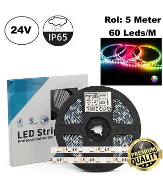 Led Strip ROL 5 Meter 5050SMD, 14.4w/m, 60 led/m, RGB, 24v, IP65, 10mm, 2 Jaar garantie