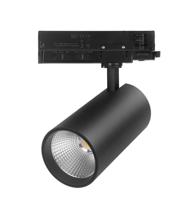 3 Fase LED Rail Spot ROS Koker, TRIAC-Dimbaar,  Wattage switch: 10/20/30w,  CCT-Switch, 950 tot 2850 lumen, CRI>90, Zwarte Behuizing , 3 Jaar Garantie