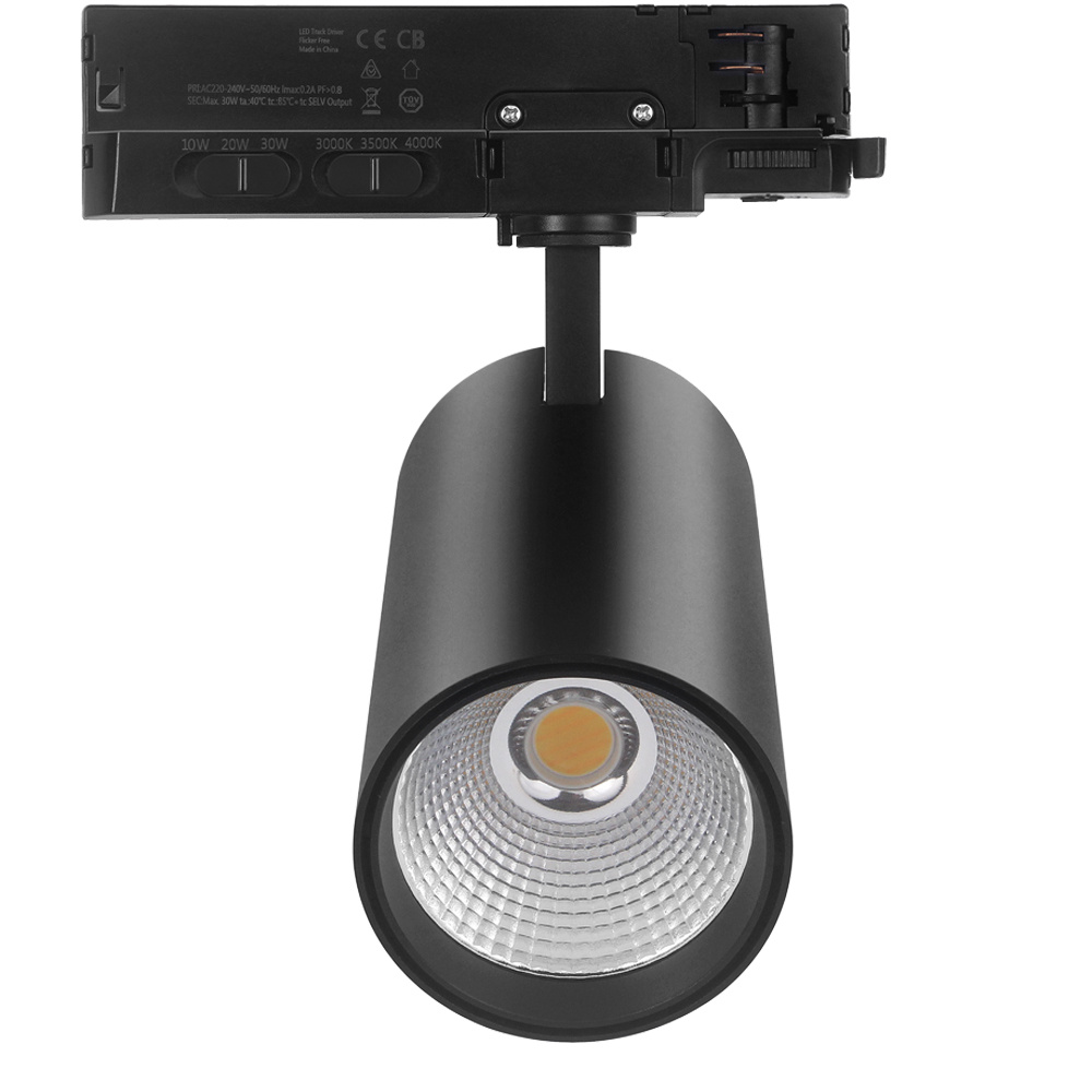 3 Fase LED Rail Spot ROS Koker, TRIAC-Dimbaar, Wattage switch: 10/20/30w, CCT-Switch, 950 tot 2850 lumen, CRI>90, Zwarte Behuizing , 3 Jaar Garantie, foto 2 van 6