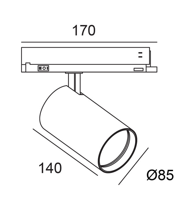 Reserveer: 3 Fase LED Rail Spot ROS Koker, TRIAC-Dimbaar,  Wattage switch: 10/20/30w,  CCT-Switch, 950 tot 2850 lumen, CRI>90, Zwarte Behuizing , 3 Jaar Garantie