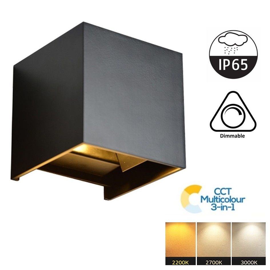LED Wandlamp Cube 2x3 Watt, 2x 270 Lumen, CCT-Switch (2200K/2700K/3200K), Dimbaar, IP65, Zwart, 2 Jaar Garantie