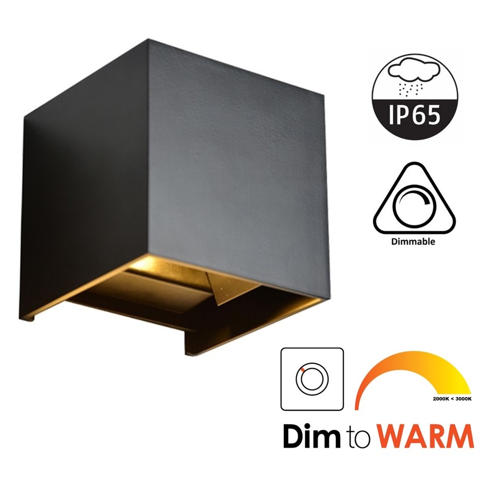 LED Wandlamp Cube 2x3 Watt, 2x 200 Lumen, Dim To Warm (3000K>2000K), Dimbaar, IP65, Zwart, 2 Jaar Garantie
