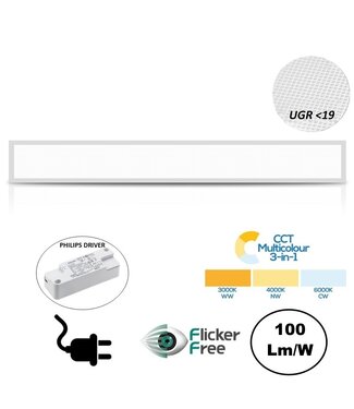 FLAT UGR19 LED Paneel 150x12cm, 10-42w, 100 Lumen/watt, Color Switch (3000/4000/6000K), Flikkervrije Philips LED Driver, Stekkerklaar, 5 Jaar Garantie