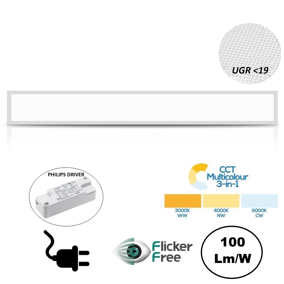 FLAT UGR19 LED Paneel 150x12cm, 10-42w, 100 Lumen/watt, Color Switch (3000/4000/6000K), Flikkervrije Philips LED Driver, Stekkerklaar, 5 Jaar Garantie