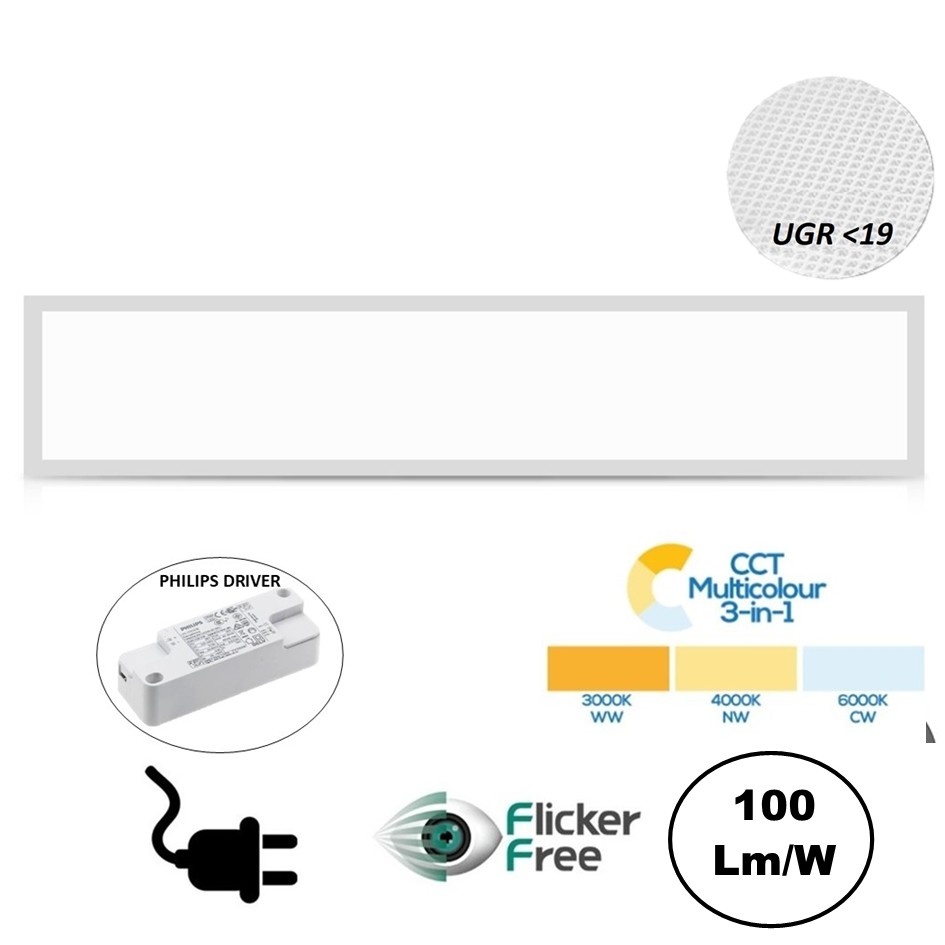 FLAT UGR19 LED Paneel 150x20cm, 10-42w, 100 Lumen/watt, Color Switch (3000/4000/6000K), Flikkervrije Philips LED Driver, Stekkerklaar, 5 Jaar Garantie