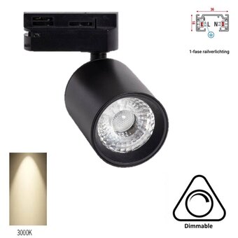 1 Fase Rail Spot Mal, 10w, 1000 Lumen, Dimbaar, Lichthoek:15 graden, Zwart, 2 Jaar garantie