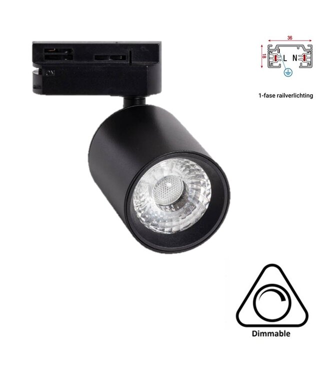 1 Fase Rail Spot Mal, 10w, 1000 Lumen, Dimbaar, Lichthoek:15 graden, Zwart, 2 Jaar garantie