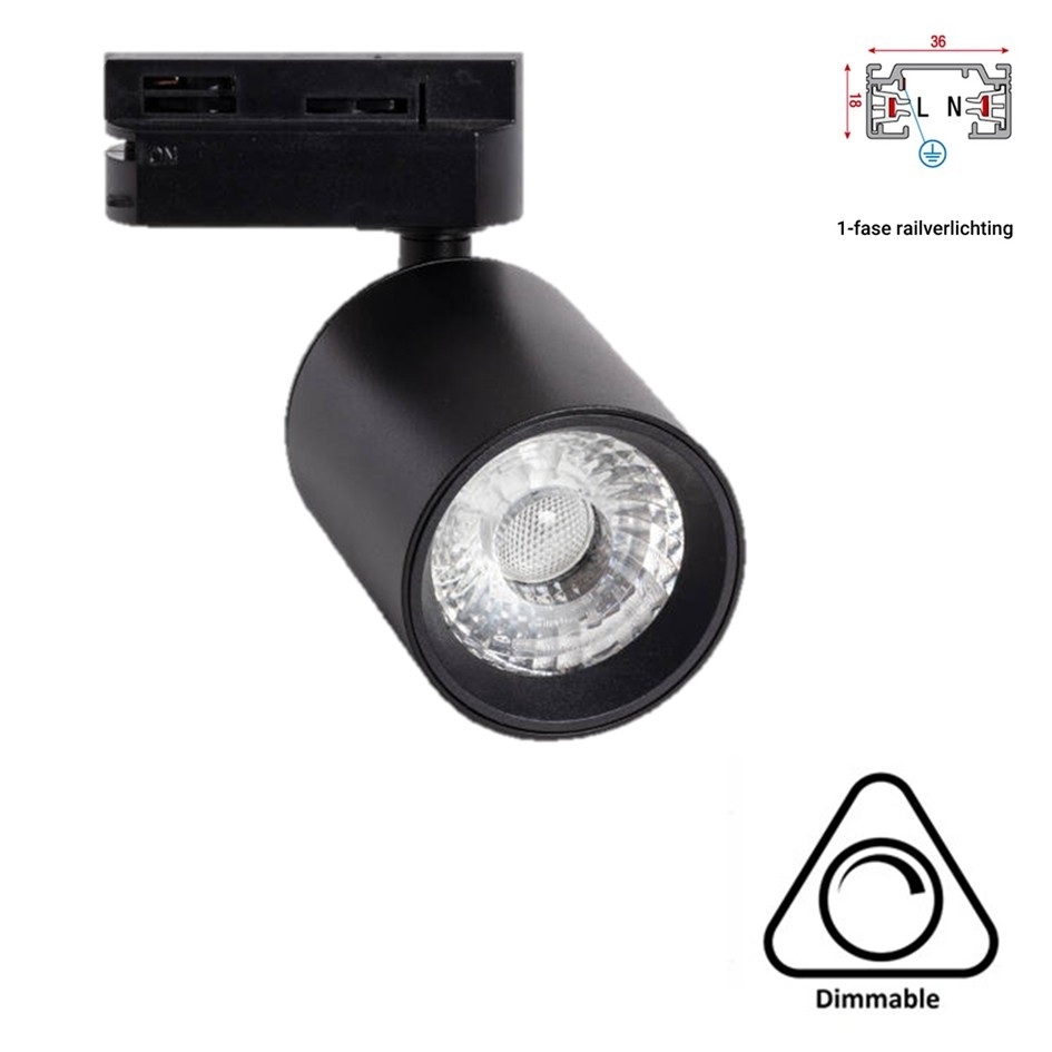 1 Fase Rail Spot Mal, 10w, 1000 Lumen, Dimbaar, Lichthoek:15 graden, Zwart, 2 Jaar garantie, foto 2 van 6