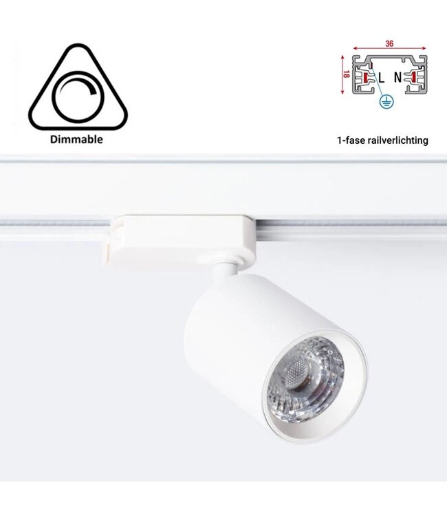 1 Fase Rail Spot Mal, 10w, 1000 Lumen, Dimbaar, Lichthoek:15 graden, Wit, 2 Jaar garantie