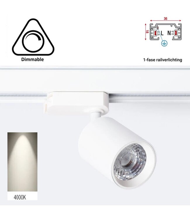1 Fase Rail Spot Mal, 10w, 1000 Lumen, Dimbaar, Lichthoek:15 graden, Wit, 2 Jaar garantie