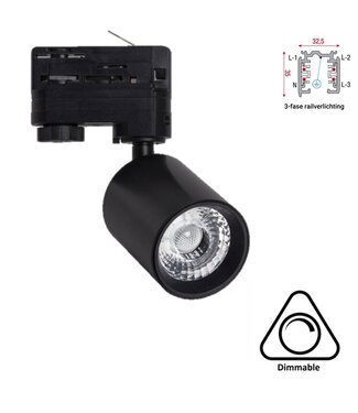 3 Fase Rail Spot Mal, 10w, 1000 Lumen, Dimbaar, Lichthoek:15 graden, Zwart, 2 Jaar garantie