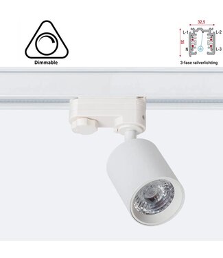 3 Fase Rail Spot Mal, 10w, 1000 Lumen, Dimbaar, Lichthoek:15 graden, Wit, 2 Jaar garantie