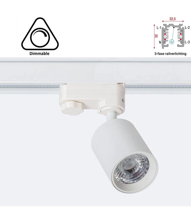 3 Fase Rail Spot Mal, 10w, 1000 Lumen, Dimbaar, Lichthoek:15 graden, Wit, 2 Jaar garantie