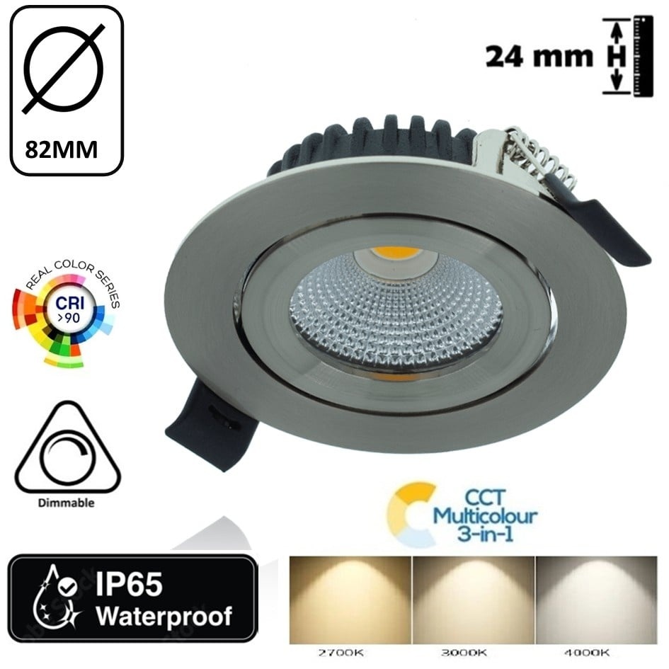 Inbouw LED Spot 6w Flat, 400 Lumen, CCT Switch (2700K/3000K/4000K), Kantelbaar, IP65, Dimbaar, CRI90, Staal Armatuur, Gatmaat 68-72mm, 2 Jaar Garantie