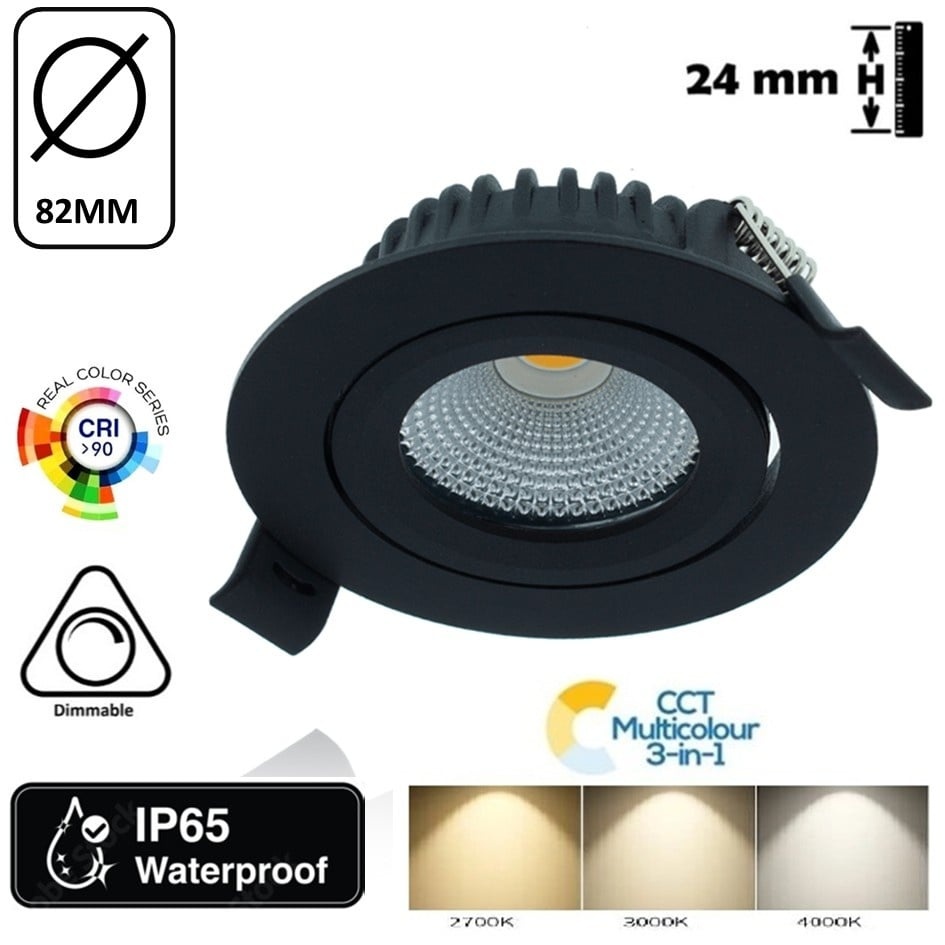 Inbouw LED Spot 6w Flat, 400 Lumen, CCT Switch (2700K/3000K/4000K), Kantelbaar, IP65, Dimbaar, CRI90, Zwart Armatuur, Gatmaat 68-72mm, 2 Jaar Garantie