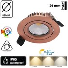 Inbouw LED Spot 6w Flat, 400 Lumen, CCT Switch (2700K/3000K/4000K), Kantelbaar, IP65, Dimbaar, CRI90, Koper Armatuur, Gatmaat 68-72mm, 2 Jaar Garantie