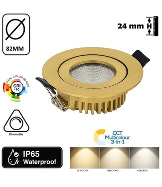 Inbouw LED Spot 6w Flat, 400 Lumen, CCT Switch (2700K/3000K/4000K), Kantelbaar, IP65, Dimbaar, CRI90, Messing Armatuur, Gatmaat 68-72mm, 2 Jaar Garantie