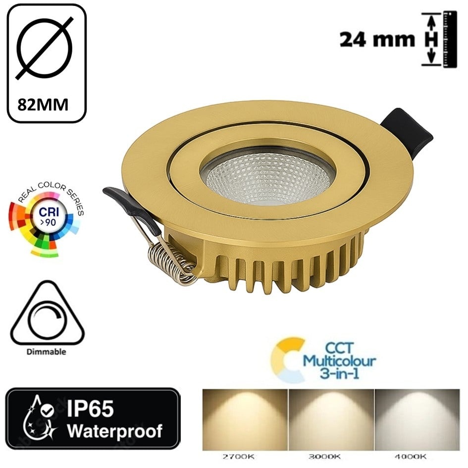 Inbouw LED Spot 6w Flat, 400 Lumen, CCT Switch (2700K/3000K/4000K), Kantelbaar, IP65, Dimbaar, CRI90, Messing Armatuur, Gatmaat 68-72mm, 2 Jaar Garantie