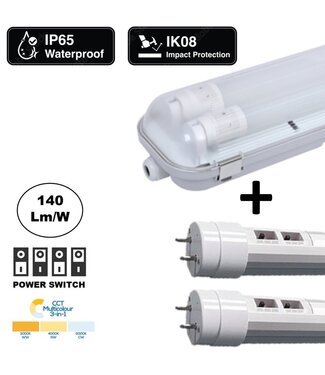 Complete LED TL Armatuur 150cm 36/40/50W, CCT Switch 3000K/4000K/6000K, 5040-7000 Lumen (140Lm/w), IP65, Incl. 2x led buis, 3 Jaar garantie