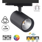 3 Fase LED Rail Spot Koker, TRIAC-Dimbaar,  Wattage switch: 10/20/30w,  CCT-Switch, 950 tot 2850 lumen, CRI>90, Zwarte Behuizing , 3 Jaar Garantie