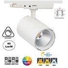 3 Fase LED Rail Spot Koker, TRIAC-Dimbaar,  Wattage switch: 10/20/30w,  CCT-Switch, 950 tot 2850 lumen, CRI>90, Witte Behuizing , 3 Jaar Garantie