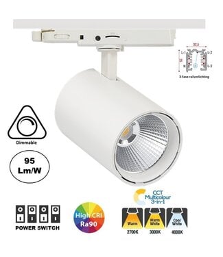 3 Fase LED Rail Spot Koker, TRIAC-Dimbaar,  Wattage switch: 10/20/30w,  CCT-Switch, 950 tot 2850 lumen, CRI>90, Witte Behuizing , 3 Jaar Garantie