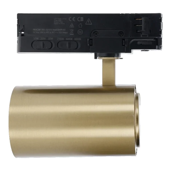 3 Fase LED Rail Spot ROS Koker, TRIAC-Dimbaar, Wattage switch: 10/20/30w, CCT-Switch, 950 tot 2850 lumen, CRI>90, Goud Behuizing , 3 Jaar Garantie, foto 4 van 6