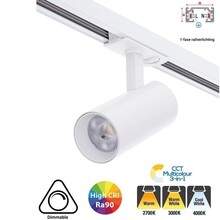 1 Fase Rail Spot 10w, 800 Lumen, CCT-Switch (2700K/3000K/4000K), CRI90, UGR19, Dimbaar, Witkleurige behuizing, 3 Jaar Garantie