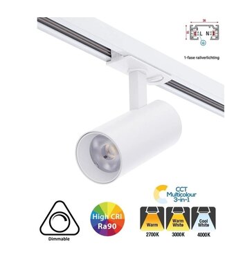 1 Fase Rail Spot 10w, 800 Lumen, CCT-Switch (2700K/3000K/4000K), CRI90, UGR19, Dimbaar, Witkleurige behuizing, 3 Jaar Garantie