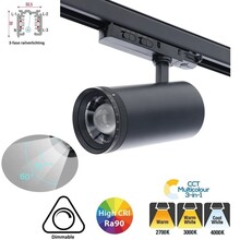 3 Fase LED Rail Spot met Instelbare lichthoek (15°-55°), TRIAC-Dimbaar,  Wattage switch: 20/25/30w,  CCT-Switch, 1500 tot 2250 lumen, CRI>90, Zwarte Behuizing , 3 Jaar Garantie