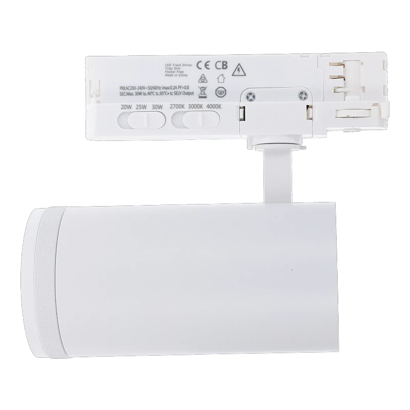 3 Fase LED Rail Spot met Instelbare lichthoek (15°-55°), TRIAC-Dimbaar, Wattage switch: 20/25/30w, CCT-Switch, 1500 tot 2250 lumen, CRI>90, Witte Behuizing , 3 Jaar Garantie, foto 4 van 6