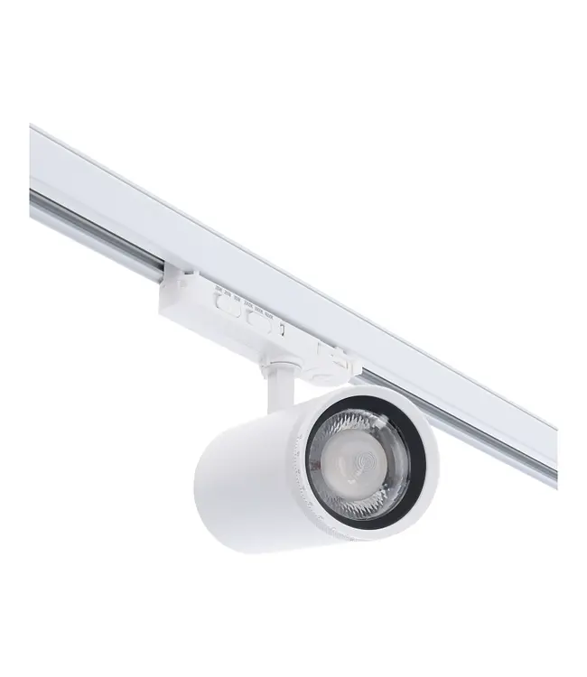 3 Fase LED Rail Spot met Instelbare lichthoek (15°-55°), TRIAC-Dimbaar,  Wattage switch: 20/25/30w,  CCT-Switch, 1500 tot 2250 lumen, CRI>90, Witte Behuizing , 3 Jaar Garantie