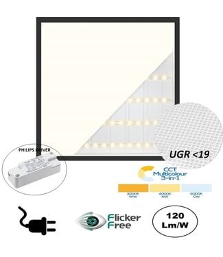 Back-lit UGR19 LED Paneel 60x60cm ZWART, 28W, 3900 Lumen (140lm/w), Color Switch (3000/4000/6000K), Flikkervrije Philips LED Driver, Stekkerklaar, 3 / 5 Jaar Garantie