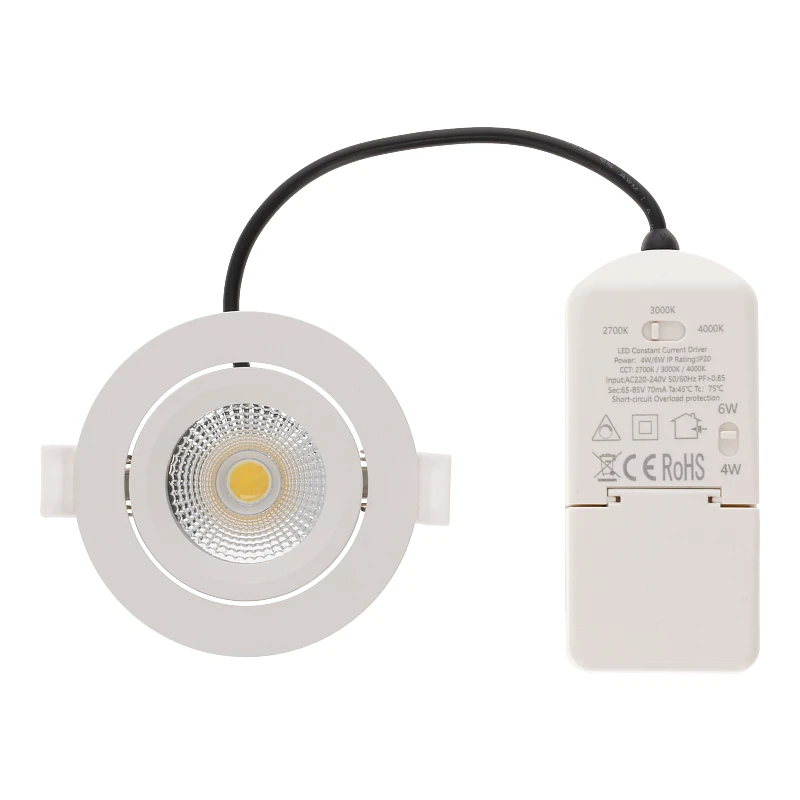 Inbouw LED Spot 6w Flat, 400 Lumen, CCT Switch (2700K/3000K/4000K), Kantelbaar, IP65, Dimbaar, CRI90, Wit Armatuur, Gatmaat 68-72mm, 2 Jaar Garantie, foto 4 van 6