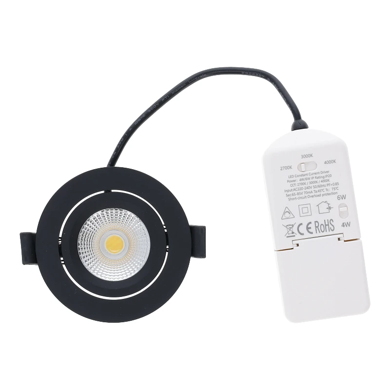 Inbouw LED Spot 6w Flat, 400 Lumen, CCT Switch (2700K/3000K/4000K), Kantelbaar, IP65, Dimbaar, CRI90, Zwart Armatuur, Gatmaat 68-72mm, 2 Jaar Garantie, foto 6 van 6