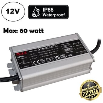 GLP Premium IP67 Waterproof Led Strip voeding 12V/75W/6,25A, Max: 60w, Afm:136x68x37 mm, 3 Jaar Garantie