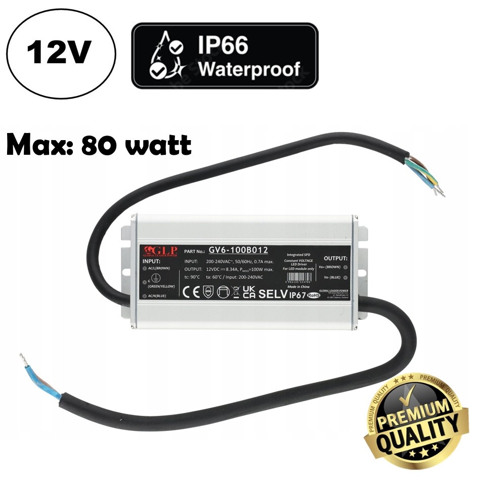 GLP Premium IP67 Waterproof Led Strip voeding 12V/100W/8,3A, Max: 80w, Afm:148x68x37 mm, 3 Jaar Garantie