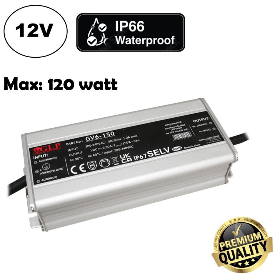 GLP Premium IP67 Waterproof Led Strip voeding 12V/150W/12,5A, Max: 120w, Afm:163x68x37 mm, 3 Jaar Garantie