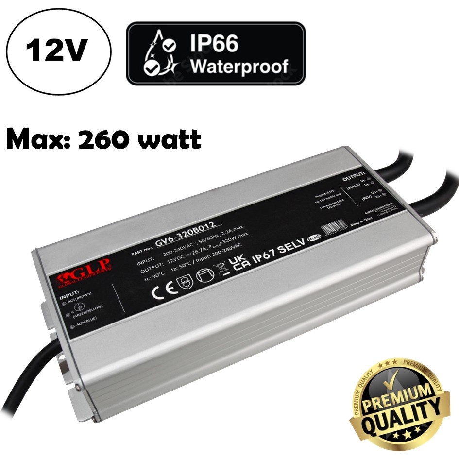 GLP Premium IP67 Waterproof Led Strip voeding 12V/320W/26,7A, Max: 260w, Afm:225x97x42 mm, 3 Jaar Garantie