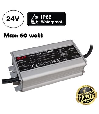 GLP Premium IP67 Waterproof Led Strip voeding 24V/75W/3,12A, Max: 60w, Afm:136x68x37 mm, 3 Jaar Garantie