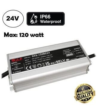 GLP Premium IP67 Waterproof Led Strip voeding 24V/150W/6,3A, Max: 120w, Afm:163x68x37 mm, 3 Jaar Garantie