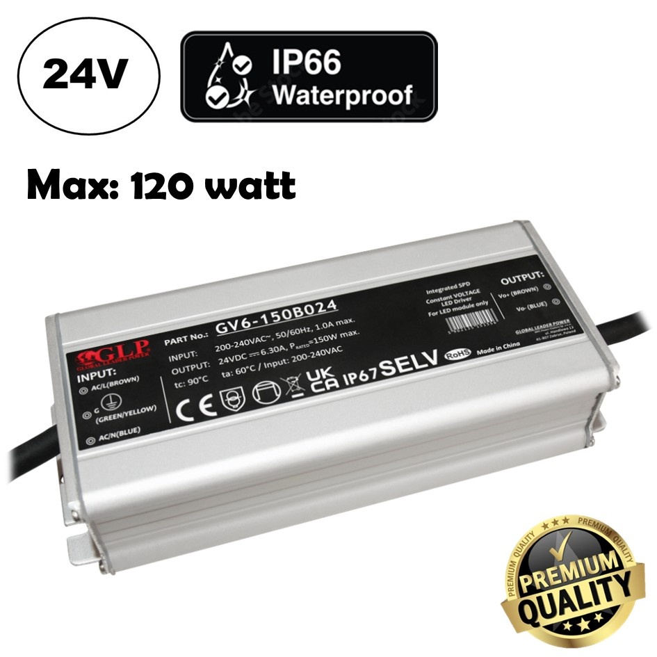 GLP Premium IP67 Waterproof Led Strip voeding 24V/150W/6,3A, Max: 120w, Afm:163x68x37 mm, 3 Jaar Garantie
