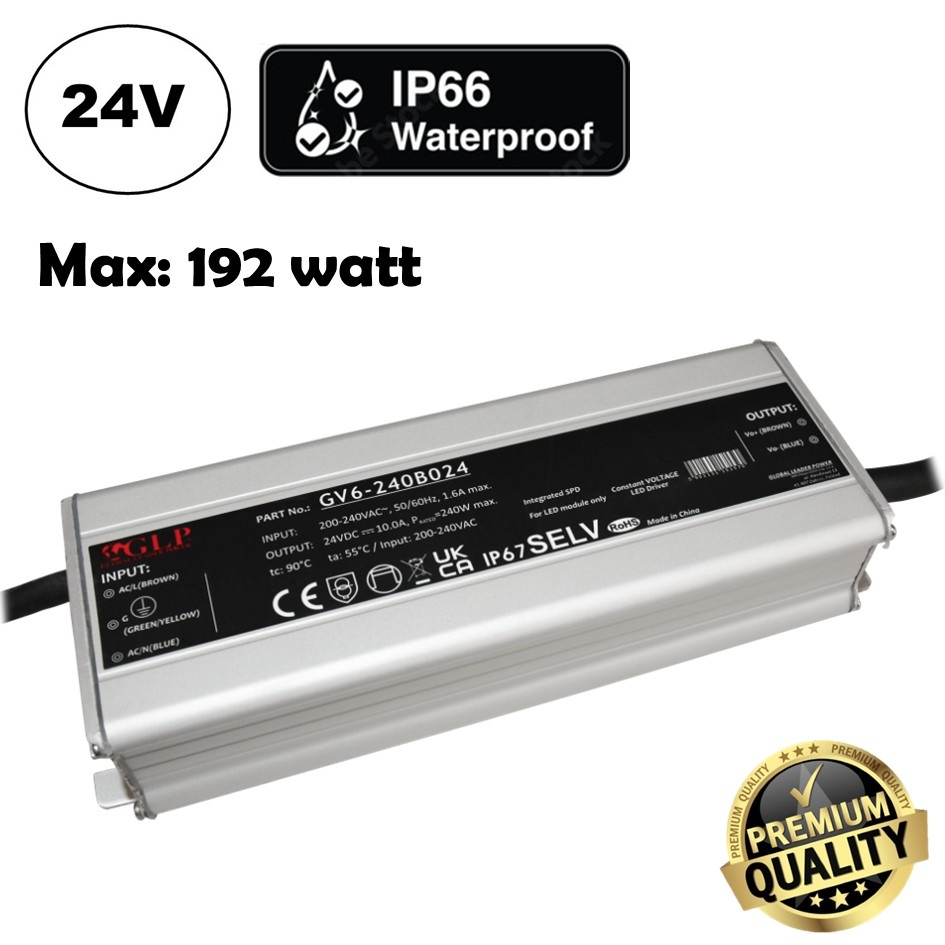 GLP Premium IP67 Waterproof Led Strip voeding 24V/200W/8,4A, Max: 160w, Afm:176x68x37 mm, 3 Jaar Garantie