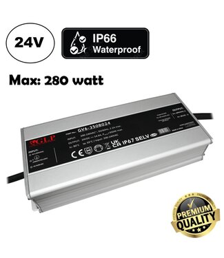 GLP Premium IP67 Waterproof Led Strip voeding 24V/350W/14,6A, Max: 280w, Afm:225x97x42 mm, 3 Jaar Garantie